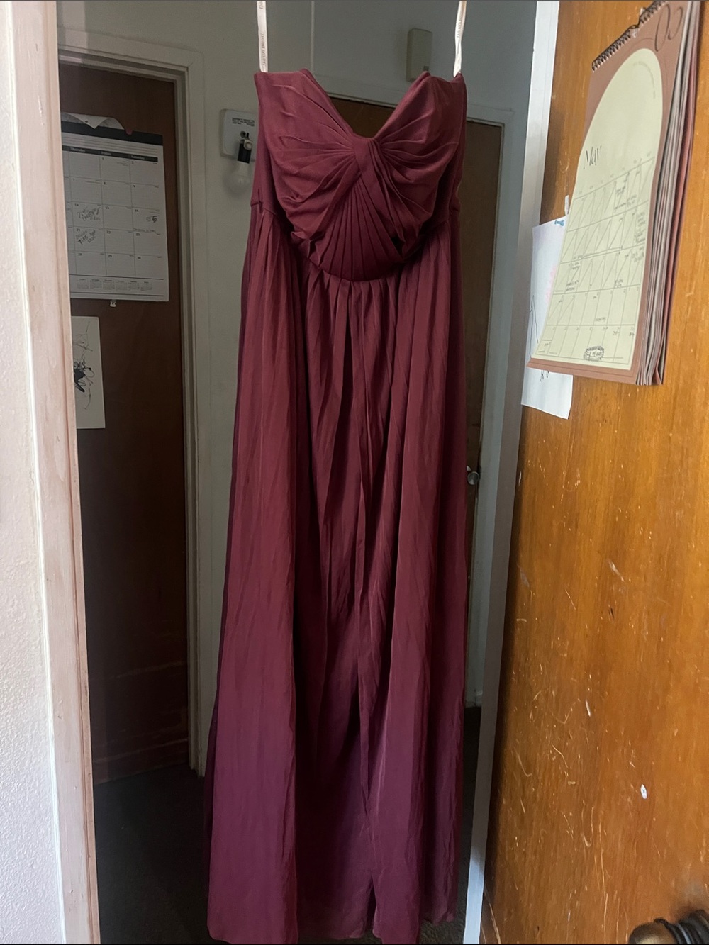 David's Bridal Burgundy Strapless Pleated Maxi Dress